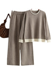 Contrast Color Round Neck Knitwear Wide Leg Pants Two-piece Set For Women