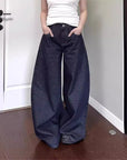 American High Street Vibe Dark Blue Jeans Washed Loose High Waist Straight Mopping Pants