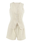 Women's Khaki Cotton Linen V-neck Sleeveless Waistcoat Vest Shorts Casual Suit