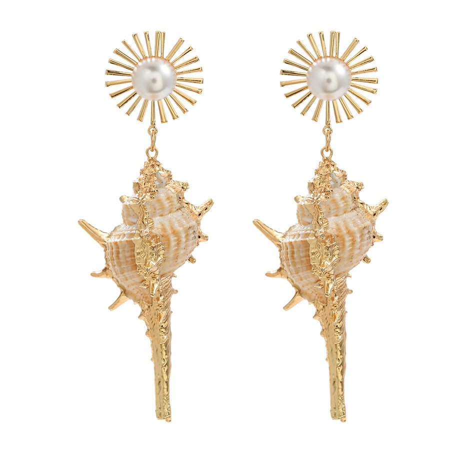 Conch Earrings European And American Exaggerated Alloy Inlaid Pearl SUNFLOWER Bohemian Style Ornament