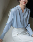 Korean Style Versatile V-neck Long Sleeve Satin Blouse Women's Tops