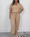 All-matching Solid Color Casual Polo Collar Shirt Wide Leg Jumpsuit For Women