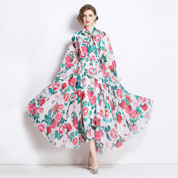 Slimming A- Line Rose Printed Chiffon Dress