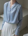 Korean Style Versatile V-neck Long Sleeve Satin Blouse Women's Tops