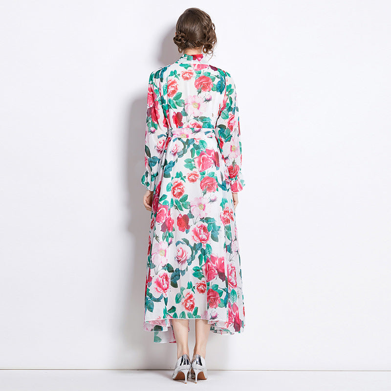 Slimming A- Line Rose Printed Chiffon Dress