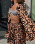 Fashion Leopard-print Long-sleeved Shirt Trousers Two-piece Set