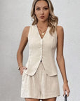 Women's Khaki Cotton Linen V-neck Sleeveless Waistcoat Vest Shorts Casual Suit