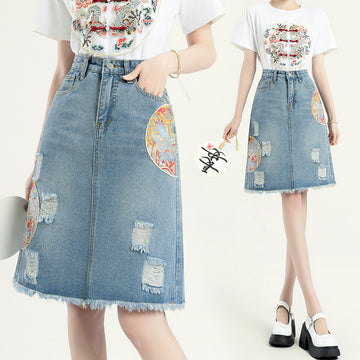 New Chinese Embroidery Denim Skirt A- Line Skirt Buckle