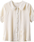 French Style White Short-sleeved Chiffon Shirt With Doll Collar Retro Lantern Sleeve