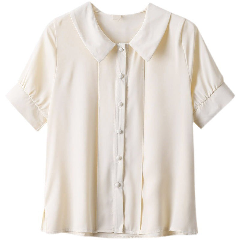 French Style White Short-sleeved Chiffon Shirt With Doll Collar Retro Lantern Sleeve