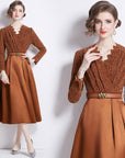 V-neck Waist-controlled Lace-up Large Swing Dress