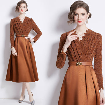 V-neck Waist-controlled Lace-up Large Swing Dress