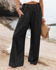 Casual Elastic High Waist Women's Cotton Linen Wide Leg Pants