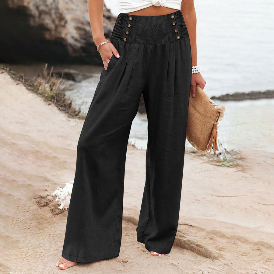 Casual Elastic High Waist Women's Cotton Linen Wide Leg Pants