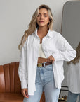 Women's White Cotton Jacquard Lapel Loose Casual Shirt