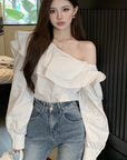 Women's Ruffled Off-the-shoulder Long Sleeve Design Elegant Socialite Shirt