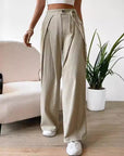 Women's High Waist Drawstring Patchwork Wide-leg Pants Casual Straight Pants