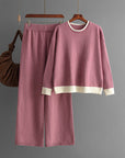 Contrast Color Round Neck Knitwear Wide Leg Pants Two-piece Set For Women