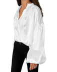 White Stand Collar Satin Top For Women