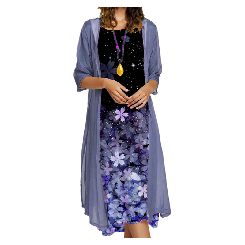 Women's Dress Two-piece Set Flowers And Plants Printed Round Neck Dress And Coat