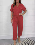 All-matching Solid Color Casual Polo Collar Shirt Wide Leg Jumpsuit For Women