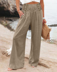 Casual Elastic High Waist Women's Cotton Linen Wide Leg Pants