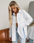 Women's White Cotton Jacquard Lapel Loose Casual Shirt