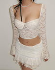 Sexy Low Cut Bell Sleeve Lace Midriff-baring Top Pleated Skirt Two-piece Set