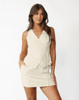 Women's Design Sense Khaki Linen Vest Short Skirt Two-piece Set