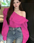 Women's Ruffled Off-the-shoulder Long Sleeve Design Elegant Socialite Shirt