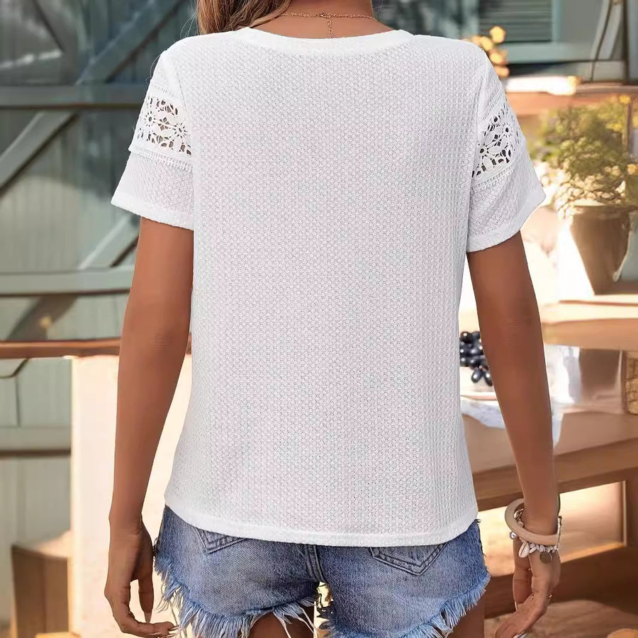 Women's Fashion Casual Rose Embroidery Lace Solid Color Crew Neck T-shirt Top