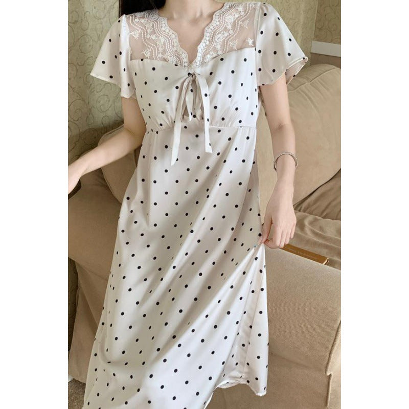 Summer Short Sleeve Ice Silk Polka Dot Lace Home Wear Nightdress