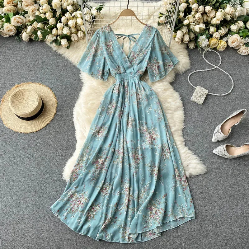 Retro Floral Print Ruffle Chiffon Elegant Midi Dress