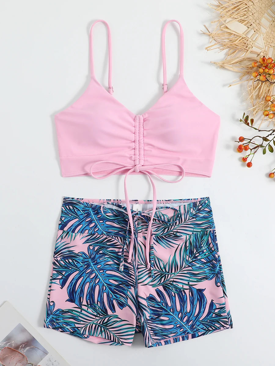 Tropical Print Drawstring High Waist Swimsuit