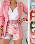 New 2024 Women Long Sleeve Blazer & Floral Print Shorts Set