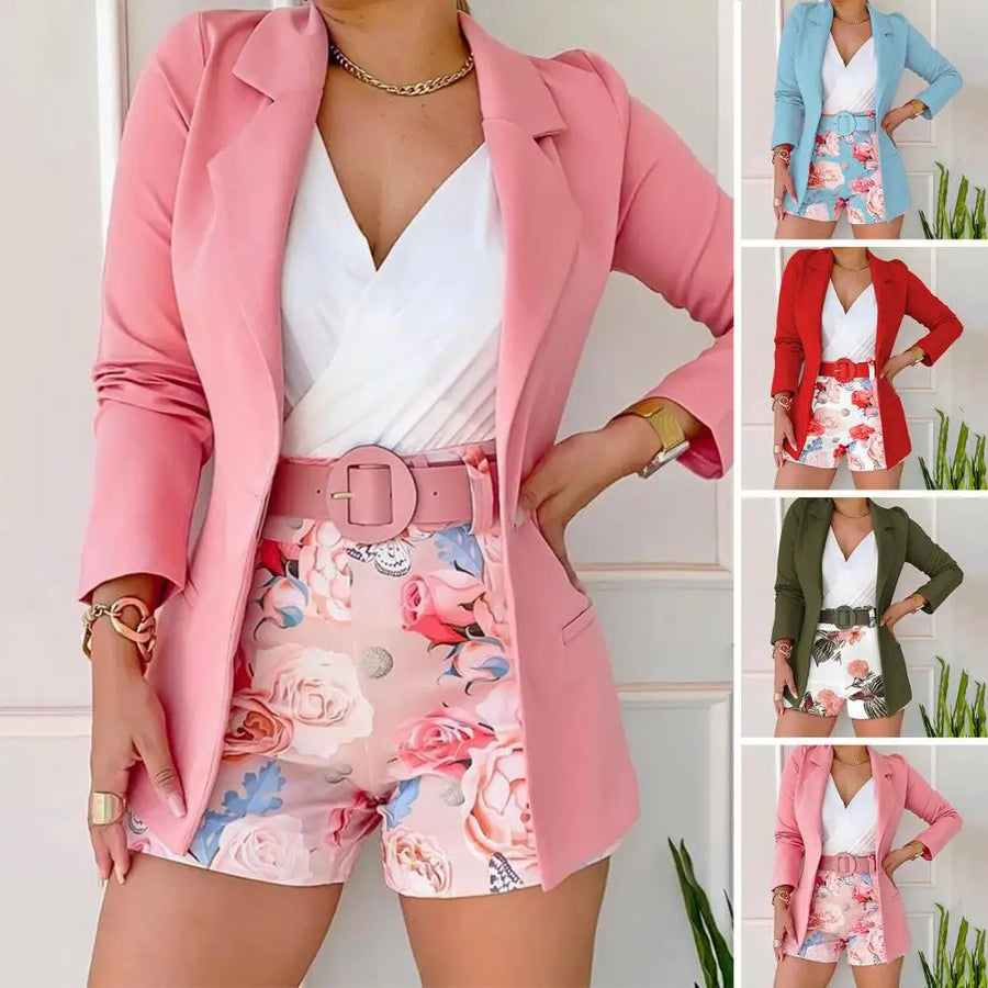 New 2024 Women Long Sleeve Blazer & Floral Print Shorts Set