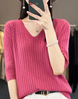 Women Short Sleeve V-neck Stripe  Sweater