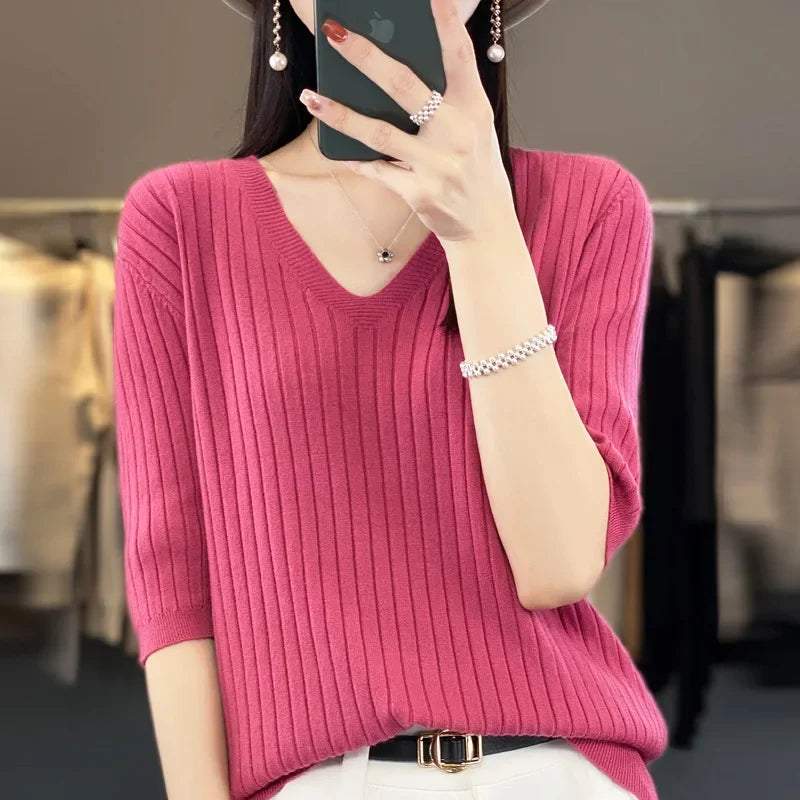 Women Short Sleeve V-neck Stripe  Sweater