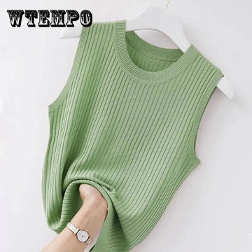 Solid Color Short Knitted Sleeveless Top