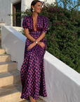 Summer New Purple Printed Deep V-neck Loose Long Dress