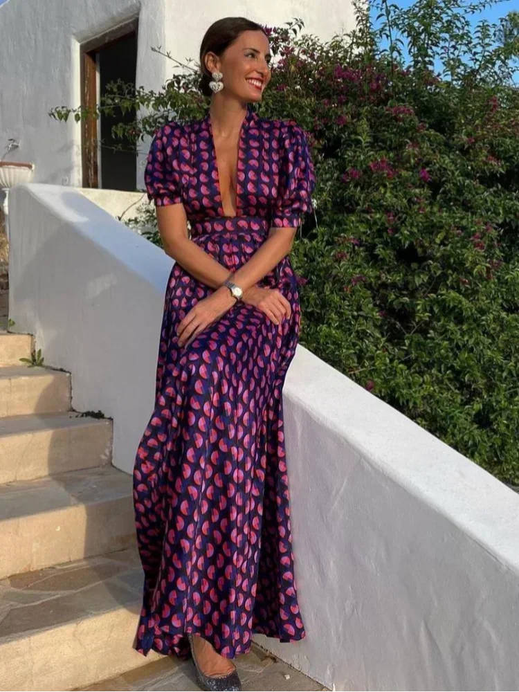 Summer New Purple Printed Deep V-neck Loose Long Dress