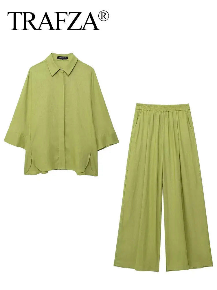 Women Casual Solid Blouse Pant Sets