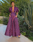 Summer New Purple Printed Deep V-neck Loose Long Dress