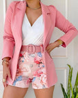 New 2024 Women Long Sleeve Blazer & Floral Print Shorts Set