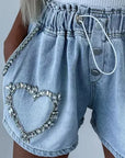 Rhinestone Pattern Drawstring Denim Shorts