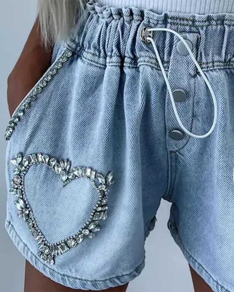 Rhinestone Pattern Drawstring Denim Shorts