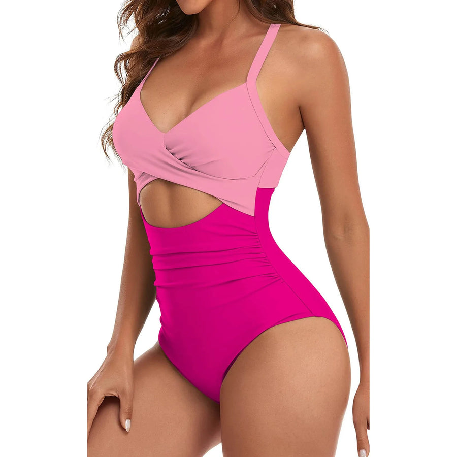 Colorful Sexy Hollow Cross Halter Bikini Beach Swimsuit