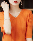 Women Short Sleeve V-neck Stripe  Sweater