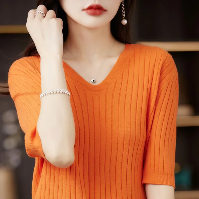 Women Short Sleeve V-neck Stripe  Sweater