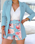 New 2024 Women Long Sleeve Blazer & Floral Print Shorts Set